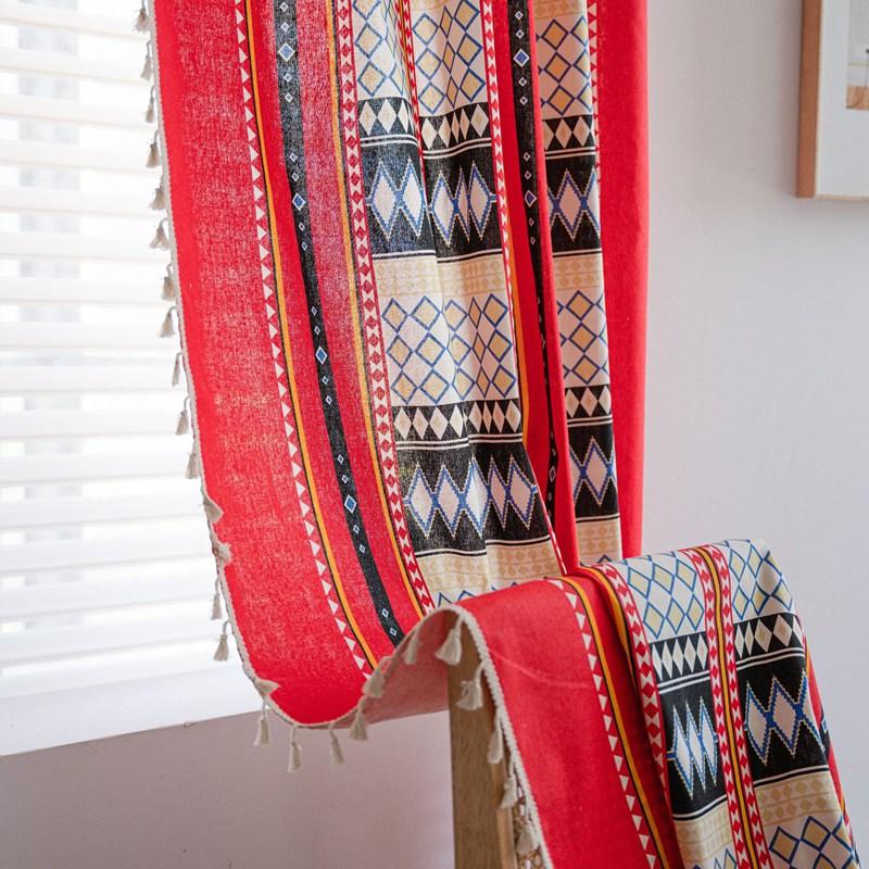 Bohemian Style Cotton Linen Red Geometry Curtain Thick with Tassels Curtains for Living Room Kitchen Valance Home Life Drapes