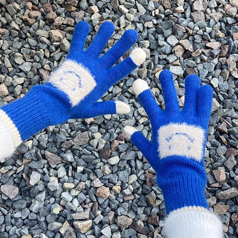Korean Style Cute Smiling Face Knitted Wool Gloves for Women with Thick Fingers Solid Color Touch Screen Warm and Cold Proof Gloves