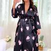 New love printed nightgown women's large size long simulated silk lace-up sexy simulated silk loungewear morning gown