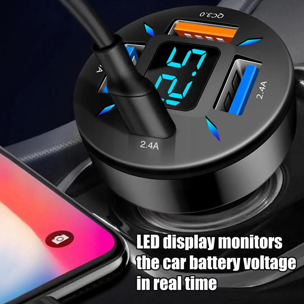 66W 4-Port USB Car Charger – PD & QC3.0 Fast Charging with Type-C for Phones (Cigarette Lighter Adapter)