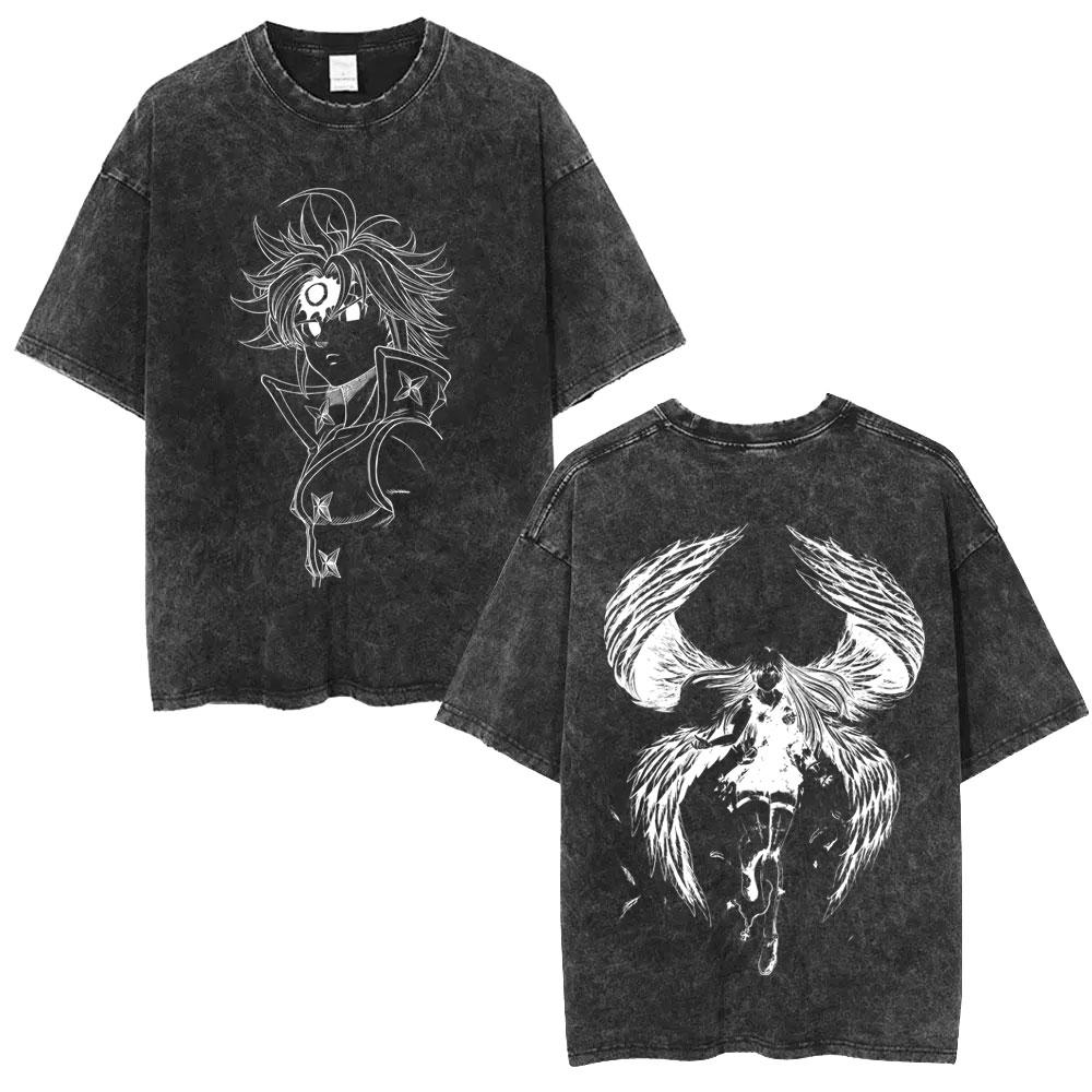Washed Vintage Anime The Seven Deadly Sins Lion's Sin of Pride Escanor Double Sided Print T Shirts Manga Oversized T-shirts Unisex