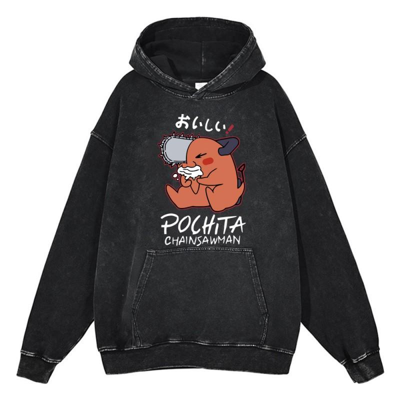 Heavyweight 440g Washed Vintage Denim-Style Anime Hoodie Men Streetwear Casual Sweatshirt