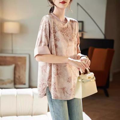2025 Summer New Foreign Style Age-reducing Short-sleeved Foreign Style Age-reducing Five-point-sleeved National Style Printed Chiffon Shirt