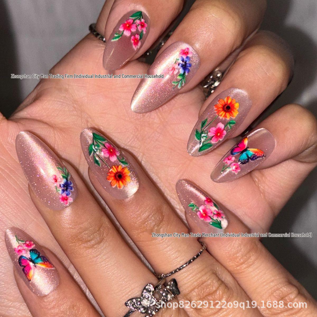 Spring Floral Almond-Shaped Nail Tips - 24 Pieces with Butterfly and Sunflower Design