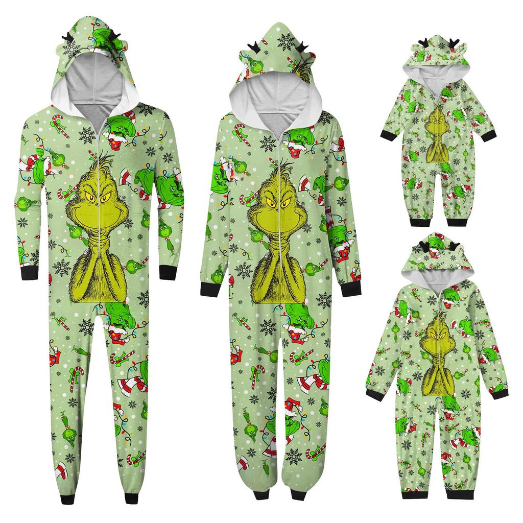 Passendes Familien-Overall-Set mit Weihnachtsdruck, Kapuze und langen Ärmeln sowie Reißverschluss