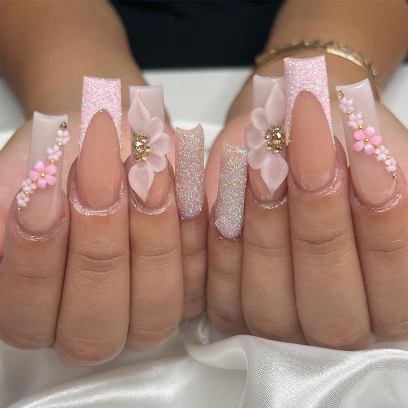 

Cross-Border Long Coffin Pink Pearlescent Flower Nail Tips Nail Gel Glue