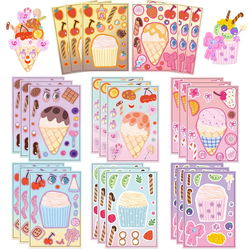 

8/16/24 листа Наклейки для торта-мороженого Сделай лицо Пазлы Игрушки Детские сувениры для дня рождения Наполнители для пиньяты Подарок для гостей 8 Sheets