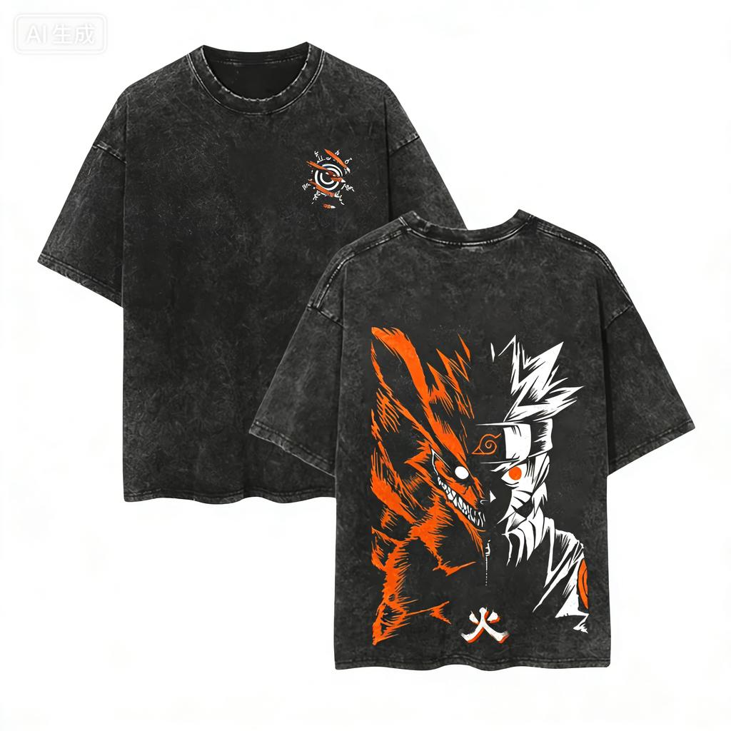 Naruto Kurama T Shirt Nine Tails Vintage Acid Wash Streetwear Breathable Retro Anime Graphic Men Tees Cotton Top Clothing Gift