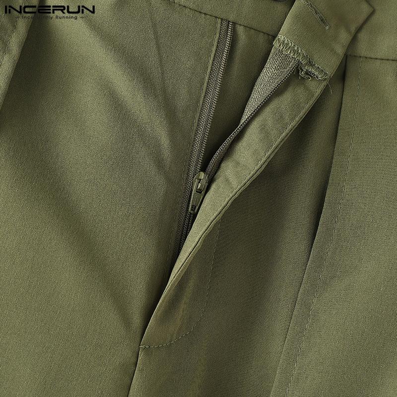 INCERUN Men Zip-up Elastic High Waist Trousers Casual Long Wide Legs Pants