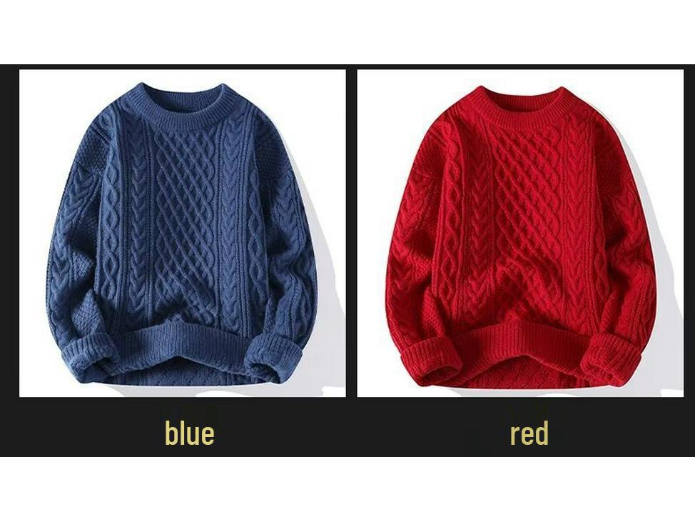 Men's Casual Winter Cable Knit Sweater - European & American Style, Solid Color, Round Neck Pullover