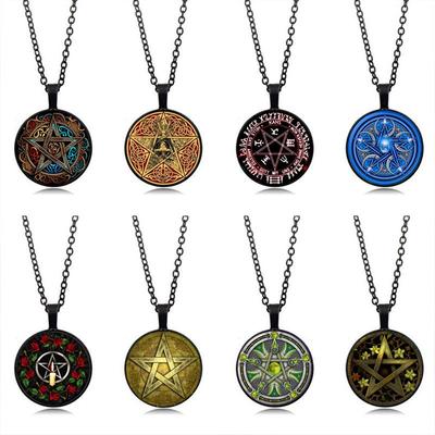 Wiccan Pentagramm Halskette für Männer Schmuck 25mm Runde Foto Glas Cabochon Mode Kristall Amulett Schmuck