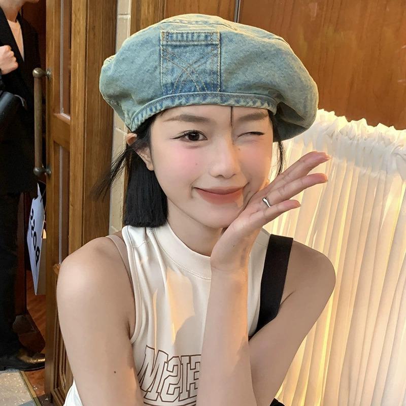 Vintage washed denim girl spring summer thin big head circumference bud painter hat showing face small beret