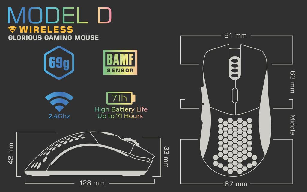 Glorious Model D Wireless Gaming Mouse, Ergonomic, RGB, 6 Programmable Buttons, DPI 12, Black, Super Light, Quiet, Official Japanese Product (69g)