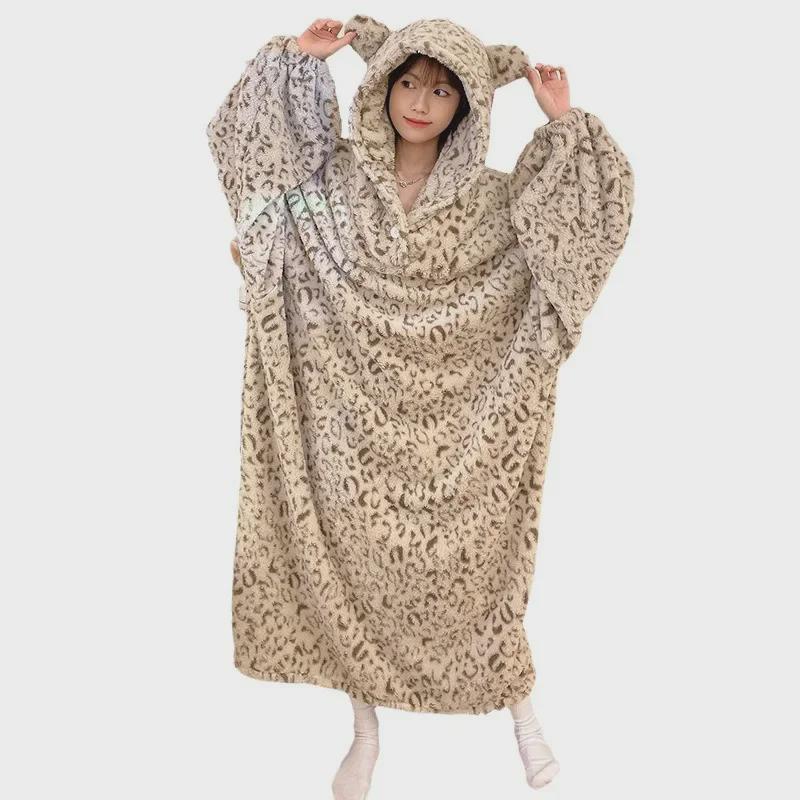 Pijama de Inverno Flanelada Longa com Capuz para Mulheres - Camisola Robe Fofa e Quente de Manga Comprida