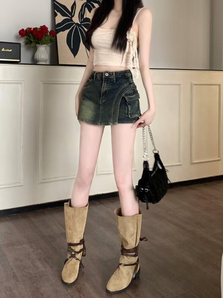 2024 Summer American Retro High-Waist A-Line Denim Skirt with Pockets