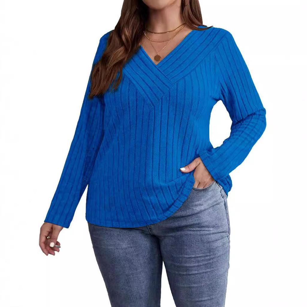 2025 Autumn/Winter Plus Size Solid Color V-Neck Long Sleeve Ribbed Pullover T-shirt