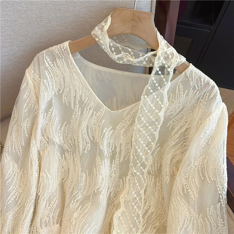 Fashion Temperament V-neck Ribbon Lace Shirt Women Long Sleeve Solid Loose Women's Blouses and Tops Vintage Slim Fit Elegant Lady Shirt Clothes 26431