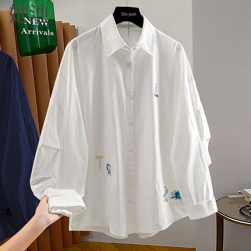 Women s Cartoon Embroidered Lapel Long Sleeve Shirt L