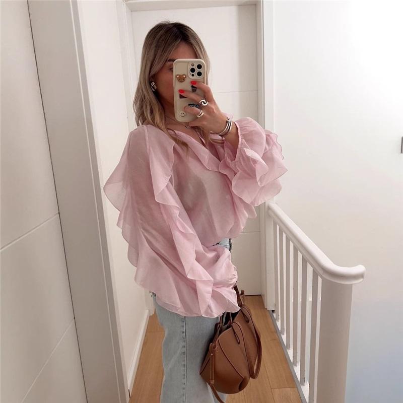 Mesh Sonnenschutzhemden Kordelzug Dünnes Langarm-T-Shirt Sommer Strand Cover Damen Freizeitbluse Damen Koreanische Feenoberteile