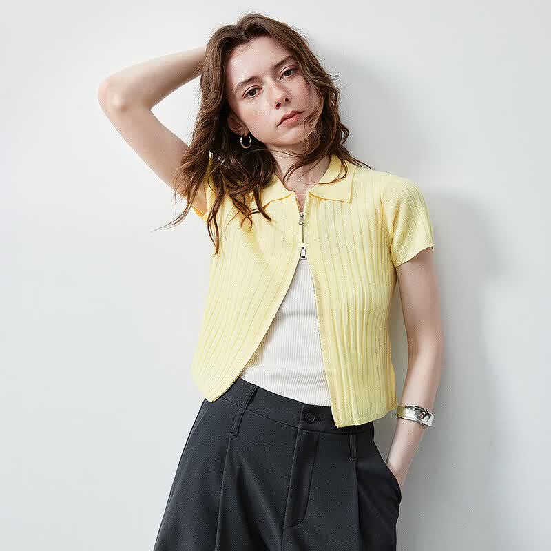 Women's Linen-Feel Slim-Fit Zip Polo Knit Top