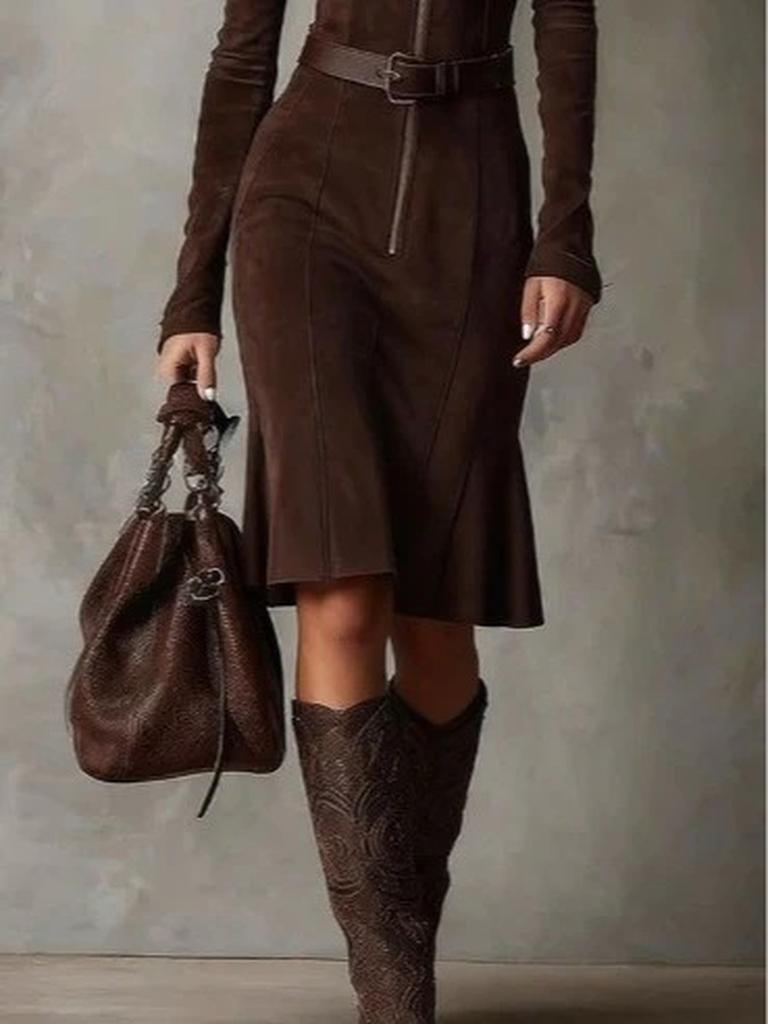 Vestito da Donna Autunno Nuovo Ins con Zip Manica Lunga Monocolore