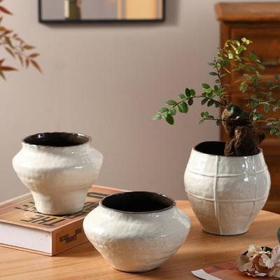 Wabi-Sabi White Ceramic Bonsai Flower Pot for Desktop Ornament