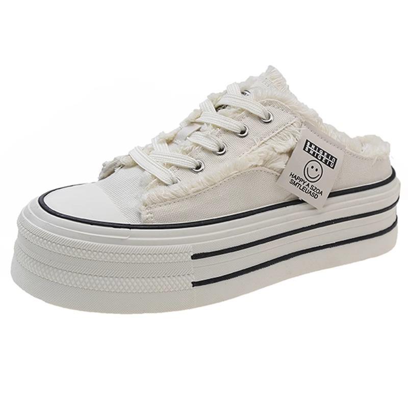 Baotou slippers women's summer wear 2025 new canvas shoes without heel versatile lazy half drag thick soles ins tide
