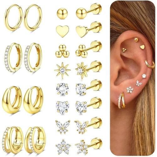 Drperfect 1Pair Flat Back Earrings for Women Surgical Steel Earrings for Sensitive Ears Hoop Stud Cartilage Tragus Piercings