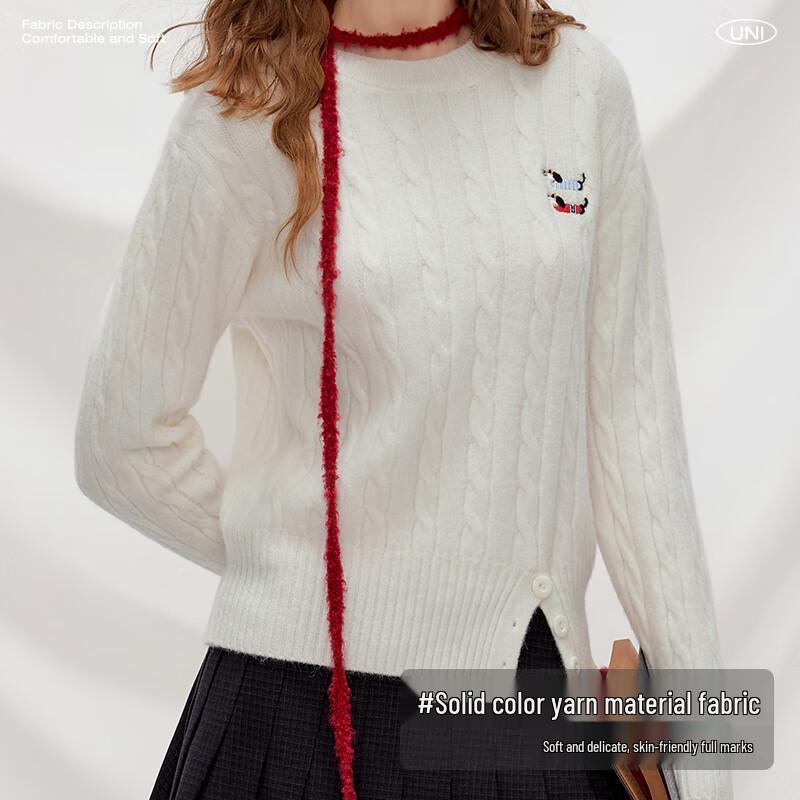 UNIFREE Women's Cable Knit Puppy Embroidered Round Neck Sweater