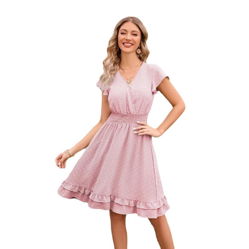 Damen Frühling Sommer Taille V-Ausschnitt Kleid Urlaub Freizeit Kurzarm Schlankheitskleid