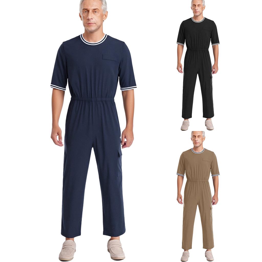 Mono Adaptativo con Cremallera para Hombre Cuello Redondo Media Manga Cintura Elástica Cremallera Trasera Invisible Bolsillo con Solapa Fácil de Poner