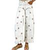Women's Vintage Floral Daisy Print Wide Leg Jeans High Waist Ruffle Hem Patchwork Loose Denim Pants