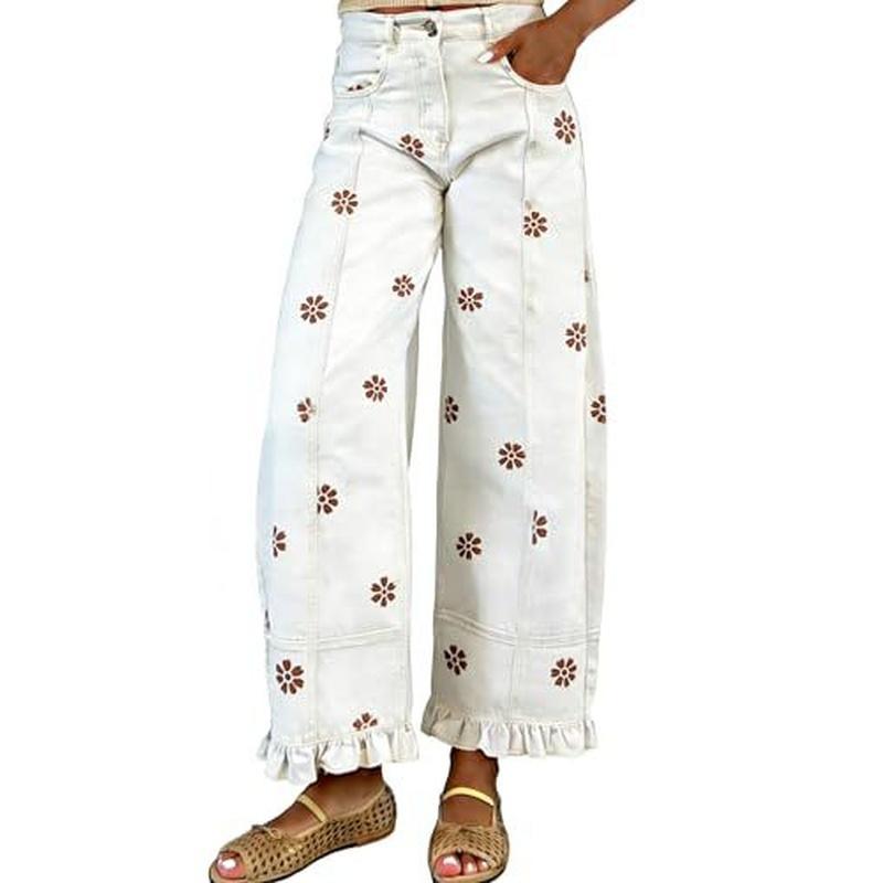 Women's Vintage Floral Daisy Print Wide Leg Jeans High Waist Ruffle Hem Patchwork Loose Denim Pants