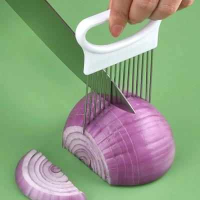 Zwiebeln mühelos schneiden mit diesem 1-teiligen bunten Zwiebelschneider Küche Edelstahl Kartoffelchips Zwiebelhalter