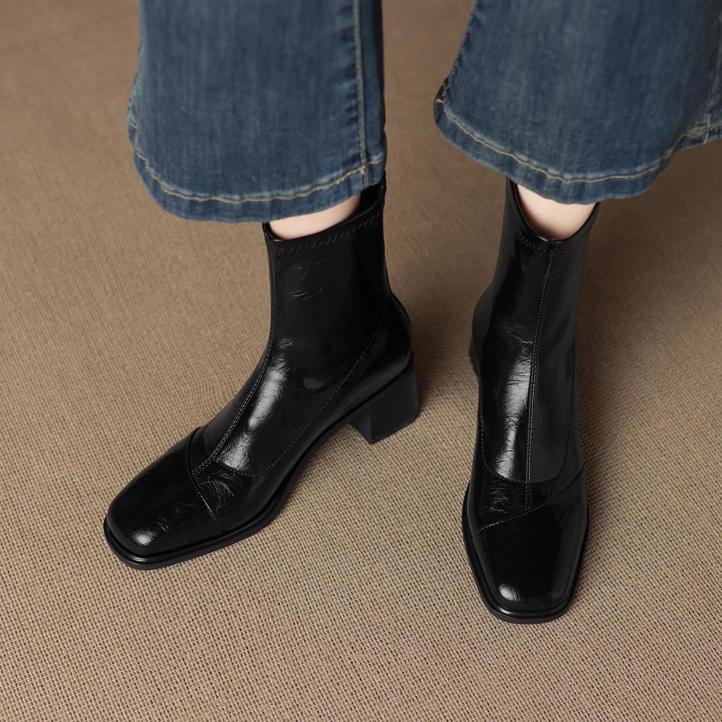 Krazing Pot Microfiber Square Toe Med Heels Elastic Boots Size 43 Slip On Women  Basic Design Ankle Boots