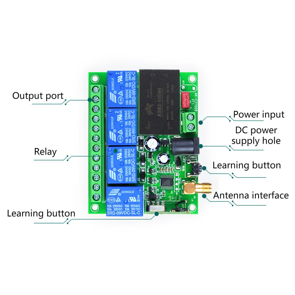 Universal Relay Receiver and Transmitter 4 Channel Remote 433Mhz for Garage Door