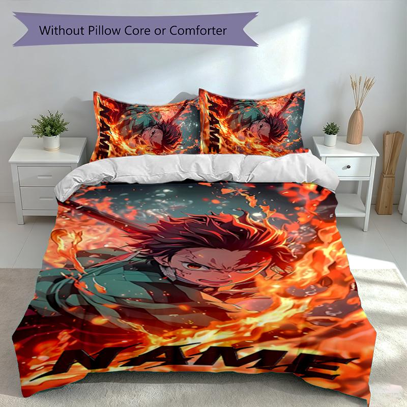 3pcs Custom Name Demon Slayer Tanjiro Set,Includes 1 Duvet Cover and 2 Pillowcases,All-season Bedroom Decor