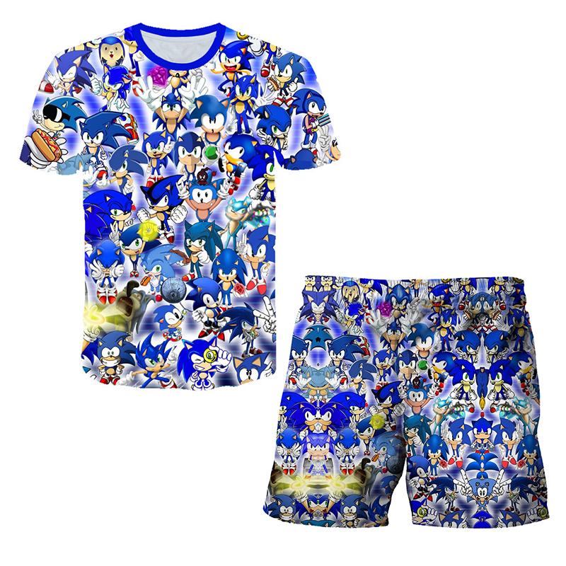 2025 MINISO Ny Japansk Tecknad Sonic 2 T-shirt Barnens Topp Shorts Tvådelat Set Sommar Pojke Tecknad Söt SONIC T-shirt+ Strandbyxor