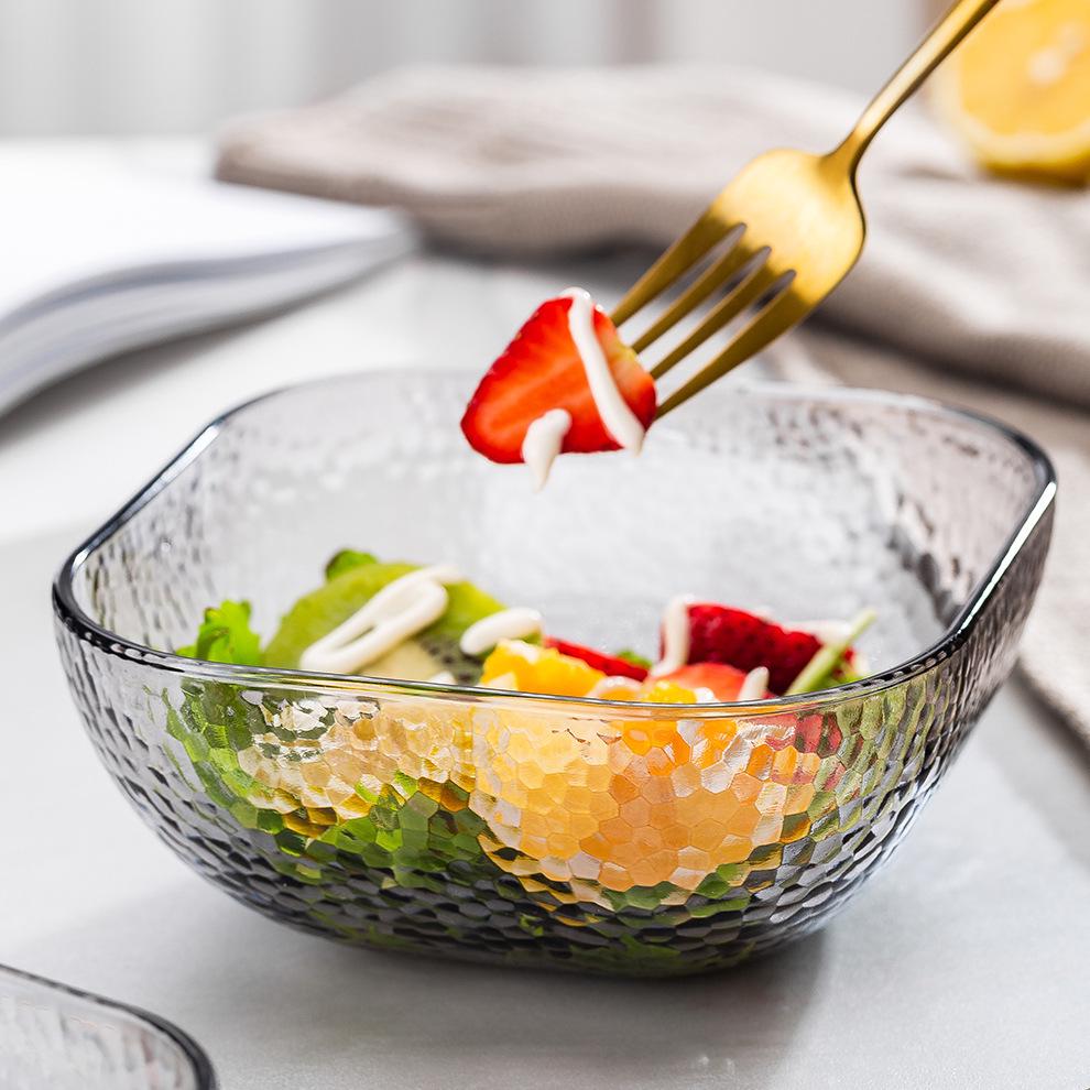 Simple Hammered Glass Square Bowl for Salad, Fruit, Dessert, and Storage