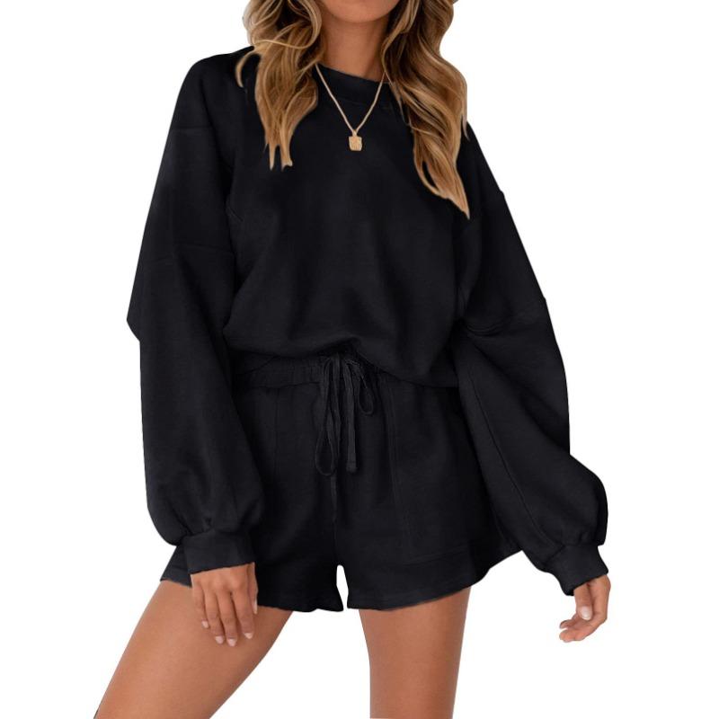 Women Casual Two Piece Sports Set Long Sleeve Top And Shorts