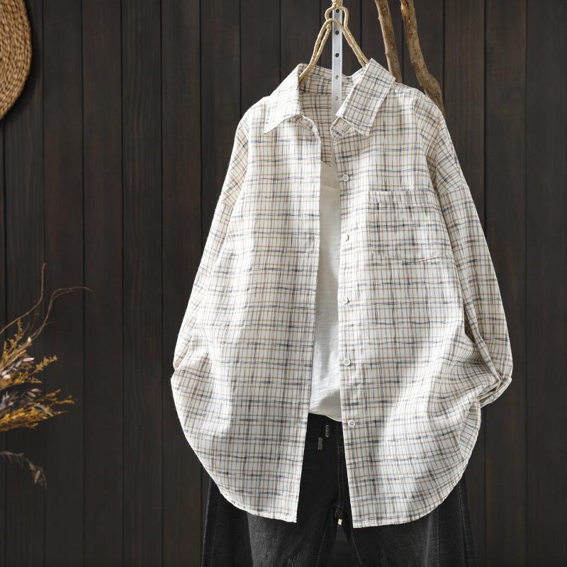 Elegant Retro Plaid Cotton Lapel Shirt - Spring 2026 Collection One Size (45-70 kg) бежевый