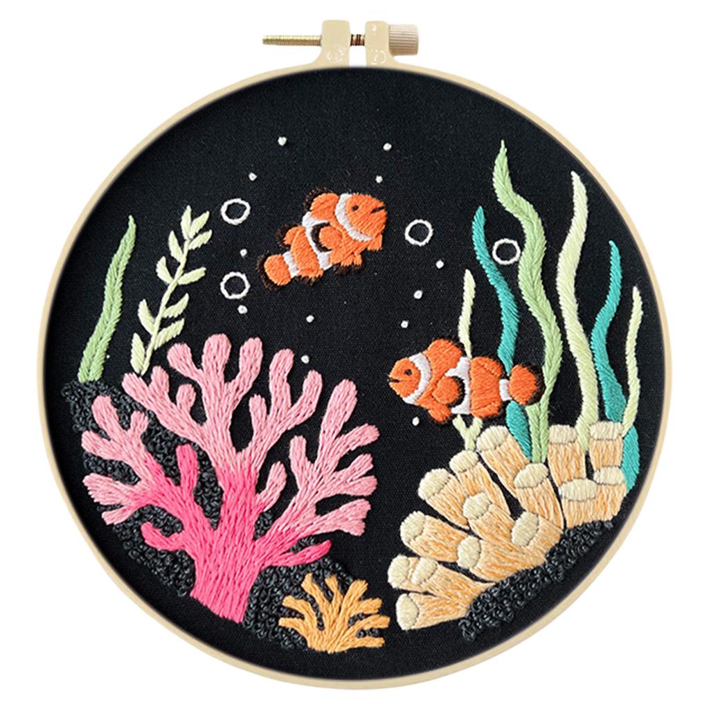 Marine Animal DIY Stamped Embroidery Stitches Practice Kit with Embroidery Hoop Cross Stitch Kit 30x30cm for Beginners Adults