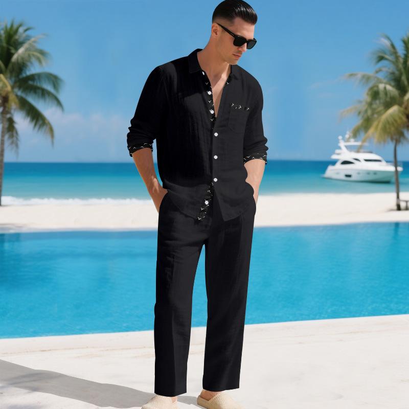 Men's Linen Two Piece Set Long Sleeve Shirt and Relaxed Pants Minimal Holiday Casual Outfit