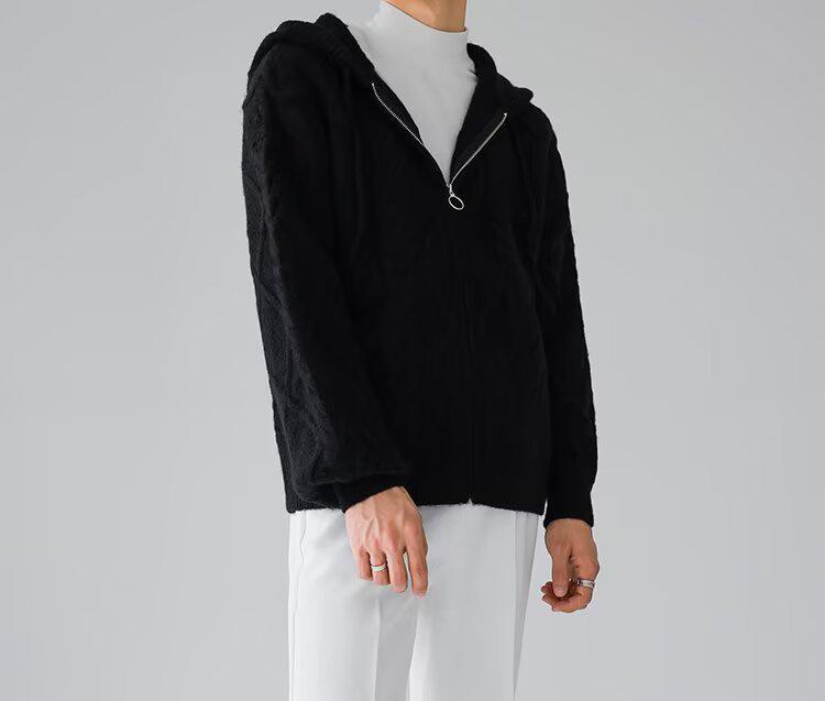 Men's Retro Cable Knit Hooded Cardigan - Autumn/Winter Thick, Trendy Loose Fit Outerwear