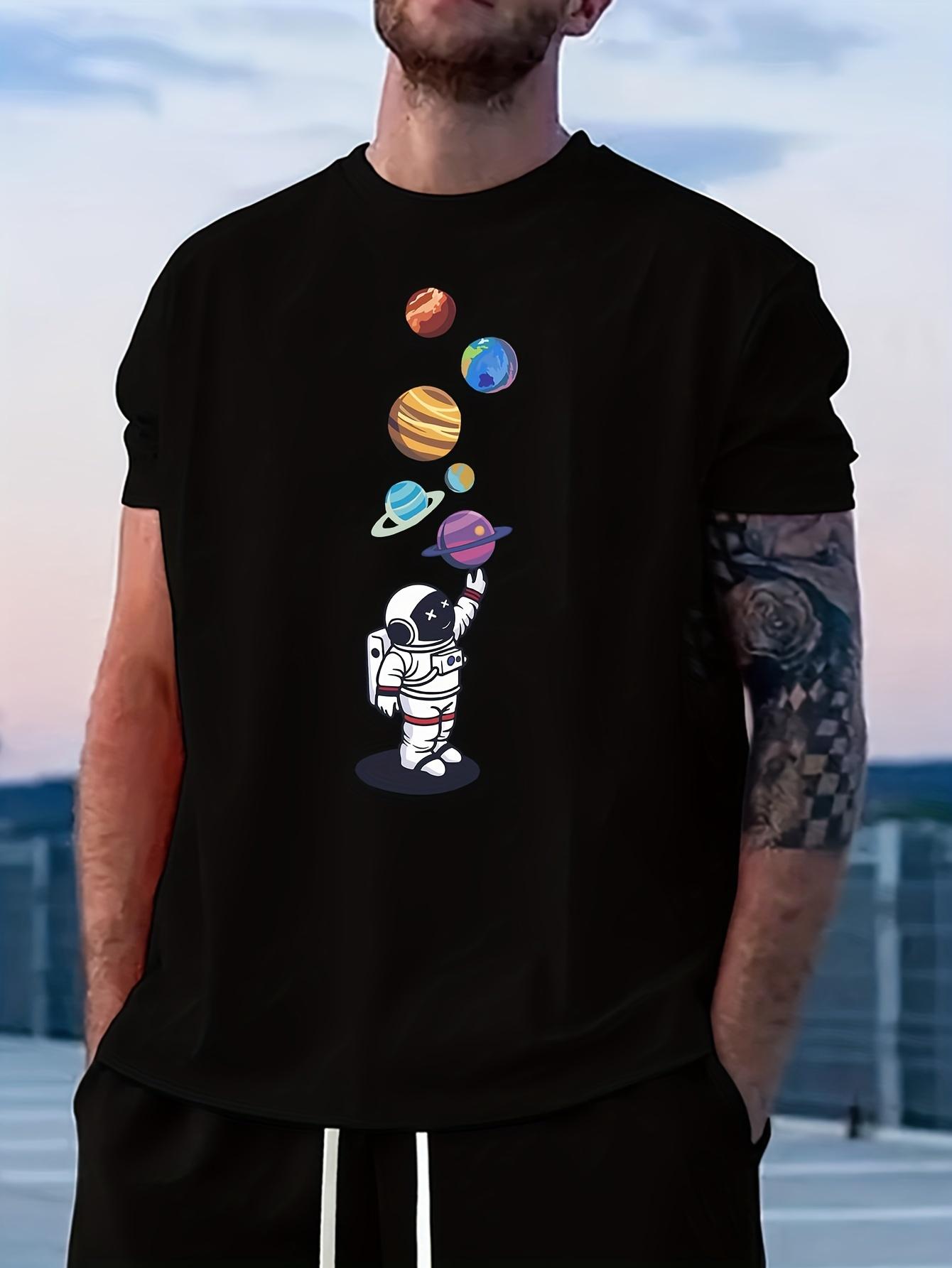 Comfortable And Versatile Crew Neck Astronaut And Planet Print Fashionable Short Sleeve Sports T-shirt M