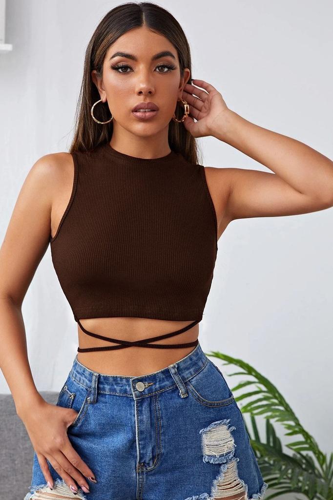 Women's Fashion New Blouse Female Black Cross Tie Crop Top Blouse