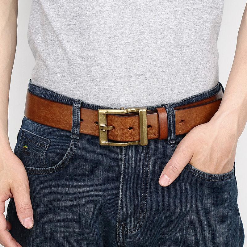 Men'S Genuine Leather Belt, Ultra-Thick Pure Copper Fc Sixth Generation Dust Belt, First Layer Cowhide Belt, Handmade Pin Buckle Men'S Belt