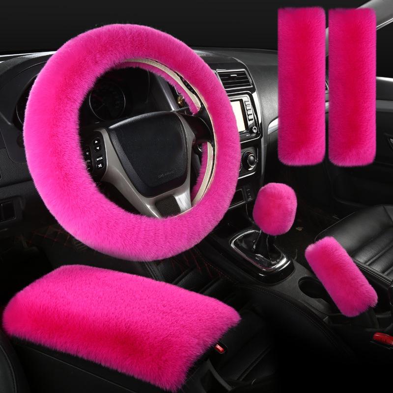 Plush Car Steering Wheel Cover 6piece Set Winter Warmth And Elastic Non Slip Handle Cover Women's Car Interior Accessories