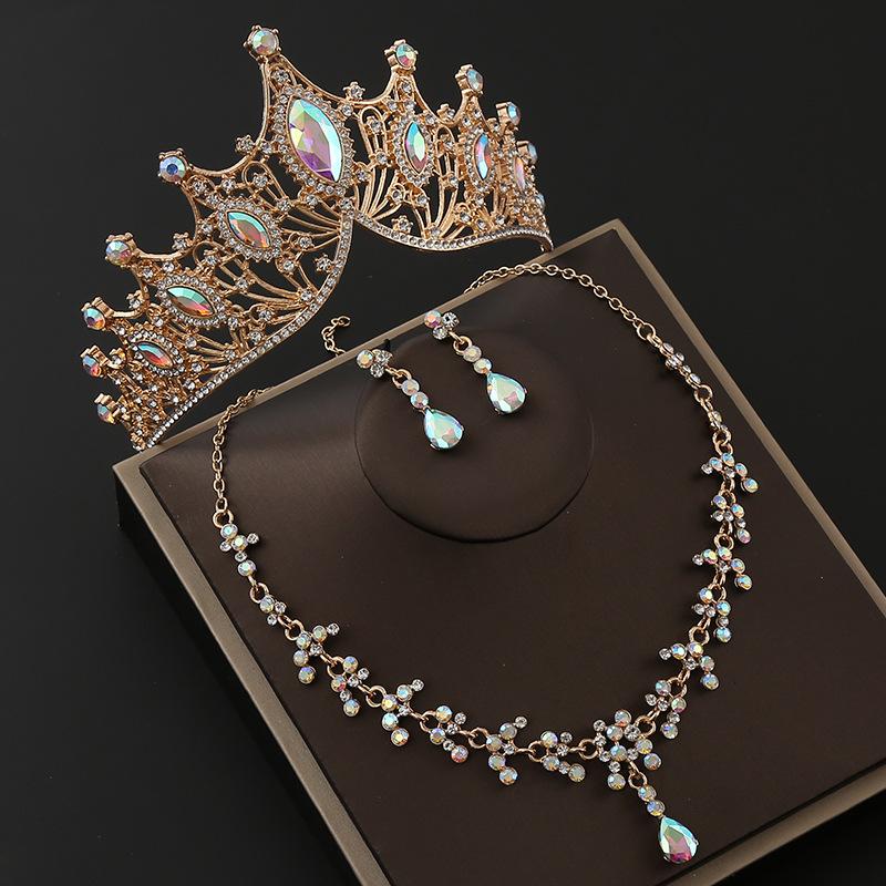 Brautkrone Legierung Strass Stirnband Hochzeit Geburtstag Krone Tiara Halskette Ohrringe Dreiteiliges Set Farbe