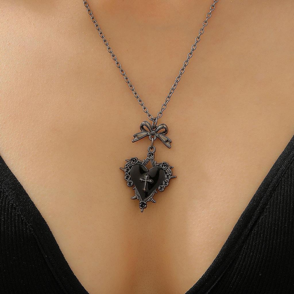 Gothic Punk Court Retro Style Red Heart Shaped Collarbone Bow Cross Necklace Pendant